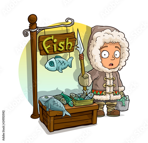 Cartoon eskimo boy character and fresh fish shop