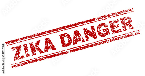 ZIKA DANGER seal watermark with distress texture. Red vector rubber print of ZIKA DANGER title with grunge texture. Text title is placed between double parallel lines.