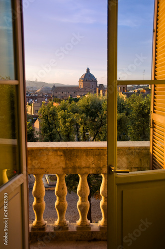 Rome skyline at sunset seen from a palace in Italy