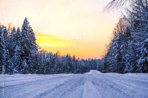 winter road at the sunset photo