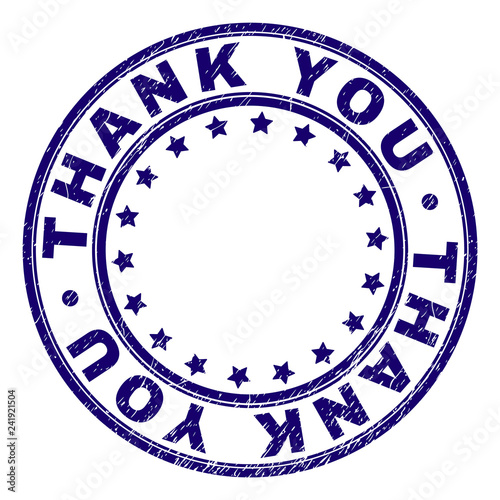 THANK YOU stamp seal watermark with grunge texture. Designed with round shapes and stars. Blue vector rubber print of THANK YOU text with grunge texture.