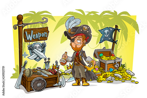 Cartoon pirate character and weapon shop