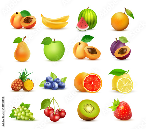 Vector icon set of Fruits isolated on white background. Design elements - Realistic fresh food collection in colorful style.