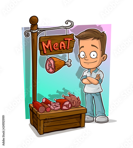 Cartoon handsome boy character and meat shop