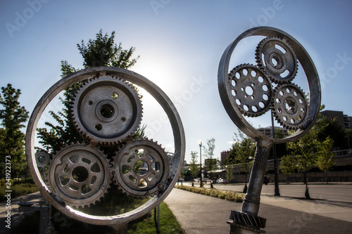 old metal gears in the Smale Riverfront Park in Cincinnati Ohio