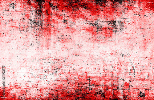 Red-Black-White Aged Grunge Wall Background. Old Weathered Peeled Painted Plaster Backdrop. Reddish Abstract Antique Cracked Stain Texture Background. Damaged Retro Stucco Scratched Pattern
