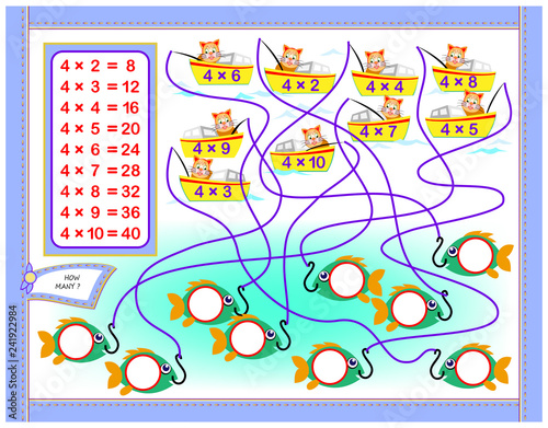 Multiplication table by 4 for kids. Write the numbers in correct circles. Educational page for mathematics baby book. Back to school. Vector cartoon image.