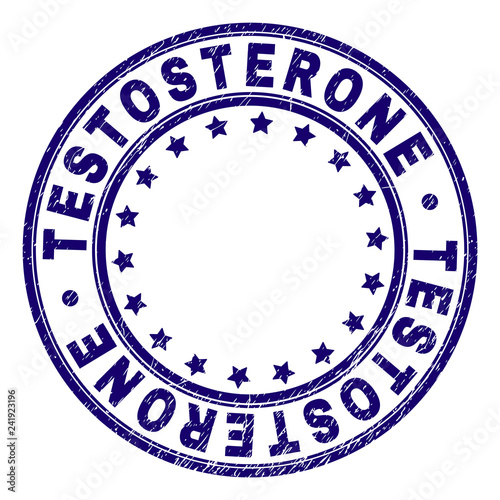 TESTOSTERONE stamp seal watermark with grunge texture. Designed with circles and stars. Blue vector rubber print of TESTOSTERONE caption with dirty texture.