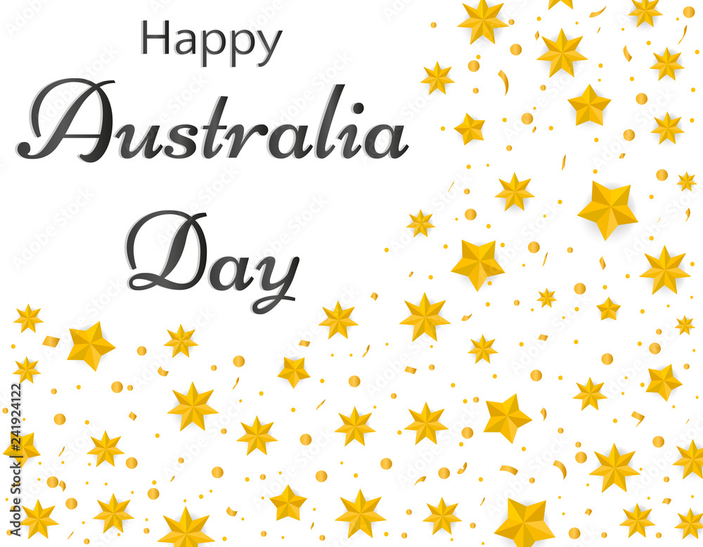 Happy Australia day, Gold stars australia and confetti. Festive vector illustration on white background. greeting card or banner ad