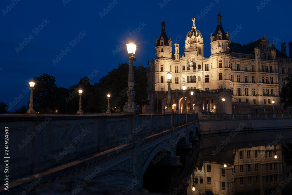 Schloss Schwerin in Germany by night Schloss Schwerin in Germany by night