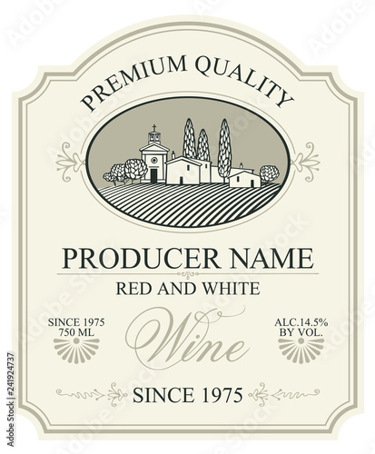 label for wine with European rural landscape