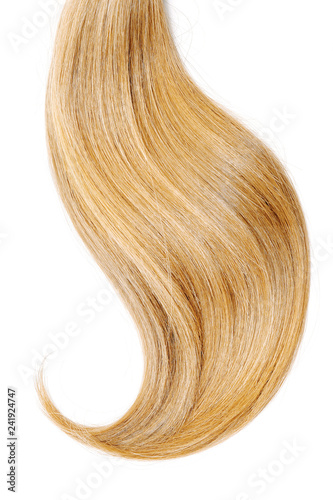 Blond hair, isolated on white background. Long and disheveled ponytail