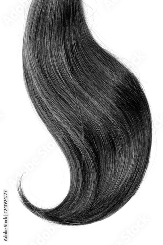 Black hair  isolated on white background. Long and disheveled ponytail