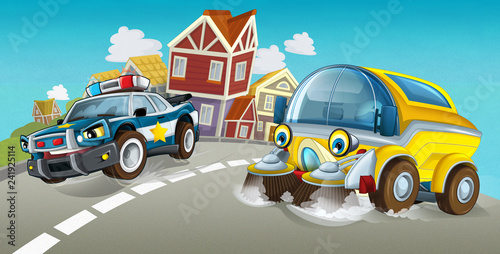 cartoon summer scene with cleaning cistern car driving through the city and police chase driving near - illustration for children © honeyflavour