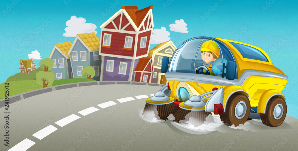 cartoon summer scene with cleaning car driving through the city - illustration for children