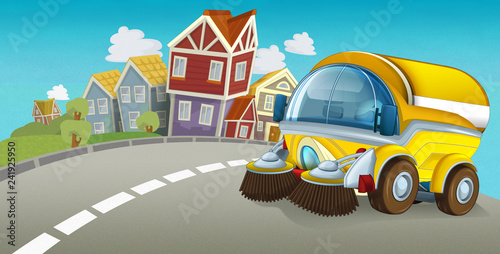 cartoon summer scene with cleaning car driving through the city - illustration for children © honeyflavour