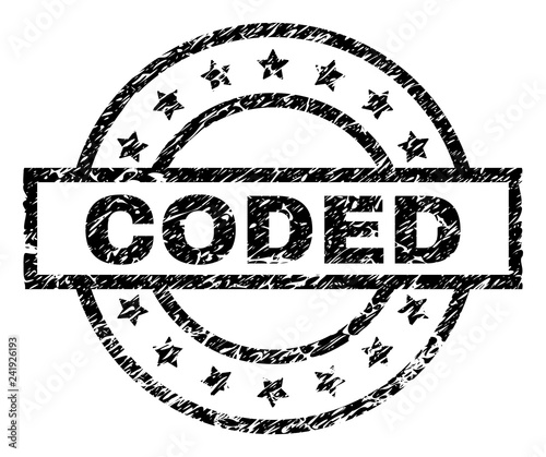 CODED stamp seal watermark with distress style. Designed with rectangle, circles and stars. Black vector rubber print of CODED text with dirty texture.