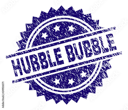 HUBBLE BUBBLE stamp seal watermark with distress style. Blue vector rubber print of HUBBLE BUBBLE label with dust texture.