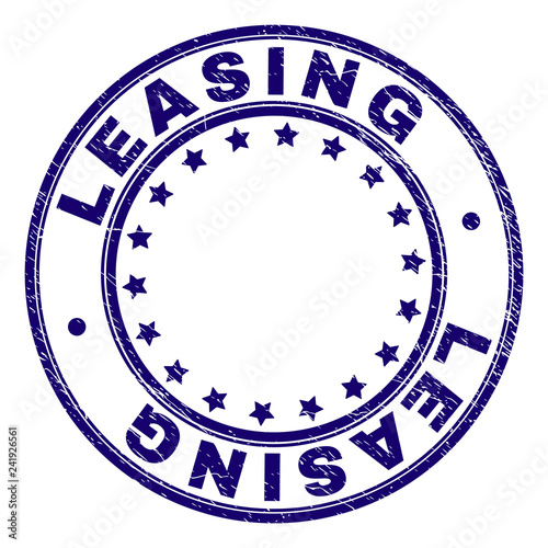 LEASING stamp seal imprint with grunge texture. Designed with round shapes and stars. Blue vector rubber print of LEASING label with unclean texture.