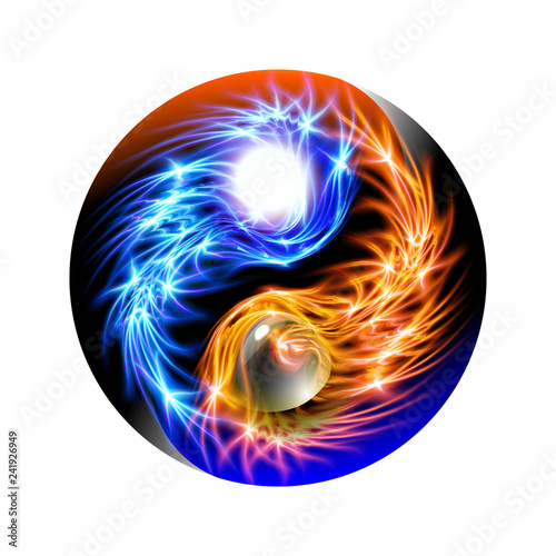 Modern glowing blue and red cosmic concept Yin and Yang mandala. Colorful ornamental spiritual relaxation. Beautiful illuminated ornaments with decorative luxury glow for design. Vector illustration
