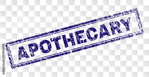 APOTHECARY stamp seal imprint with rubber print style and double framed rectangle shape. Stamp is placed on a transparent background. Blue vector rubber print of APOTHECARY label with dirty texture.