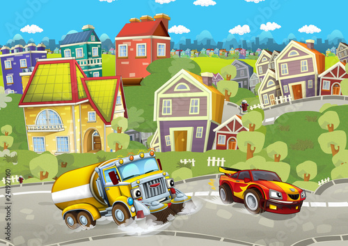 cartoon summer scene with cleaning cistern car driving through the city and sports car driving near - illustration for children © honeyflavour