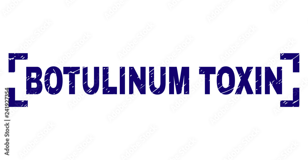 BOTULINUM TOXIN text seal watermark with grunge texture. Text label is placed between corners. Blue vector rubber print of BOTULINUM TOXIN with grunge texture.