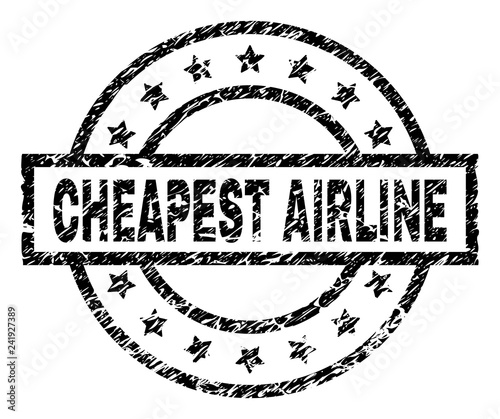 CHEAPEST AIRLINE stamp seal watermark with distress style. Designed with rectangle, circles and stars. Black vector rubber print of CHEAPEST AIRLINE caption with unclean texture.