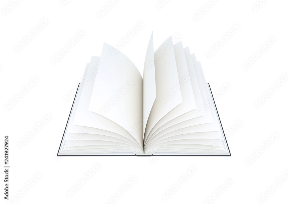 Open blank book on white background.