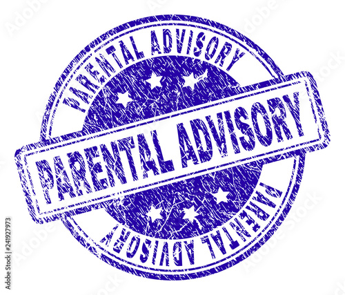 PARENTAL ADVISORY stamp seal imprint with grunge texture. Designed with rounded rectangles and circles. Blue vector rubber print of PARENTAL ADVISORY caption with grunge texture.