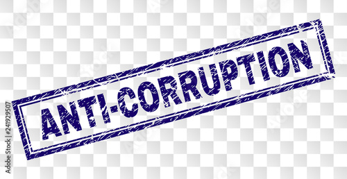 ANTI-CORRUPTION stamp seal print with corroded style and double framed rectangle shape. Stamp is placed on a transparent background.