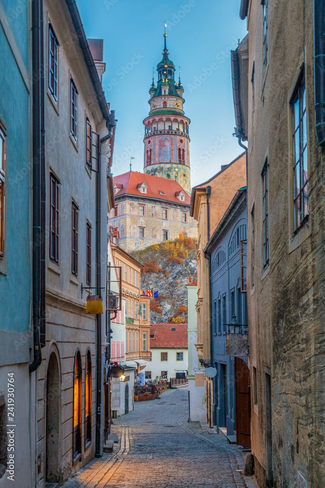 Historic town of Cesky Krumlov at twilight, Bohemia, Czech Republic