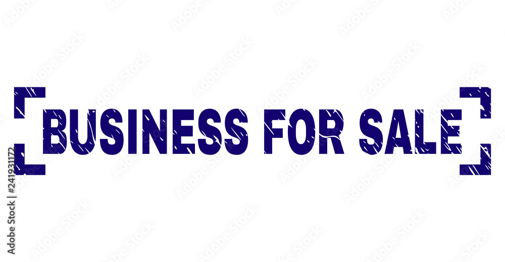 BUSINESS FOR SALE title seal print with corroded texture. Text caption is placed between corners. Blue vector rubber print of BUSINESS FOR SALE with corroded texture.
