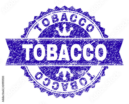 TOBACCO rosette stamp seal imprint with grunge style. Designed with round rosette, ribbon and small crowns. Blue vector rubber print of TOBACCO caption with grunge style.