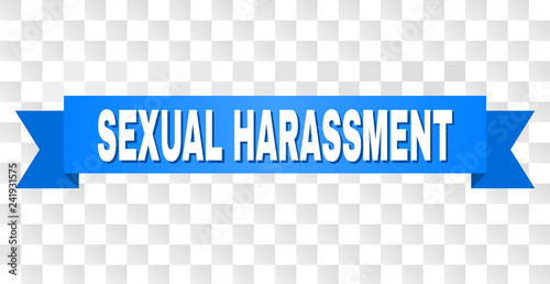 SEXUAL HARASSMENT text on a ribbon. Designed with white title and blue stripe. Vector banner with SEXUAL HARASSMENT tag on a transparent background.