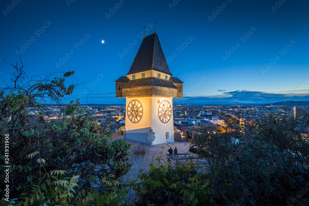 Grazer Uhrturm at night, Styria, Austria