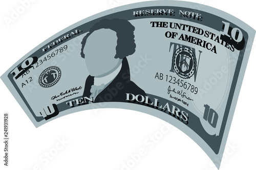Monochrome Deformed 10 US dollar banknote