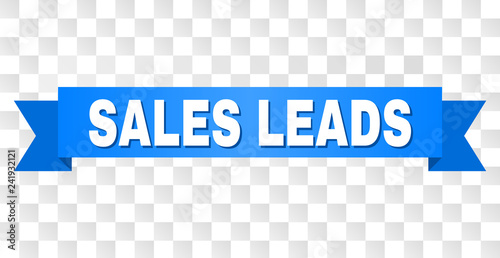 SALES LEADS text on a ribbon. Designed with white caption and blue stripe. Vector banner with SALES LEADS tag on a transparent background.