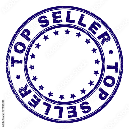 TOP SELLER stamp seal watermark with distress texture. Designed with round shapes and stars. Blue vector rubber print of TOP SELLER tag with dust texture.