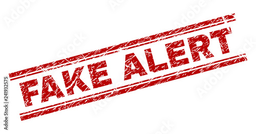 FAKE ALERT seal stamp with corroded texture. Red vector rubber print of FAKE ALERT title with corroded texture. Text caption is placed between double parallel lines.