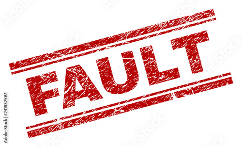 FAULT seal print with grunge texture. Red vector rubber print of FAULT text with unclean texture. Text title is placed between double parallel lines.