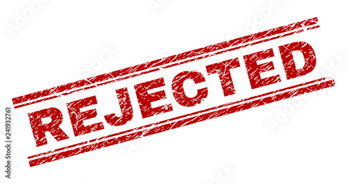 REJECTED seal watermark with corroded texture. Red vector rubber print of REJECTED text with grunge texture. Text caption is placed between double parallel lines.