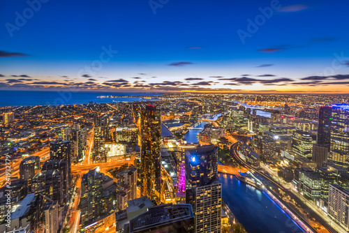 Aerial view of dramatic night sky at Melbourne city skyline