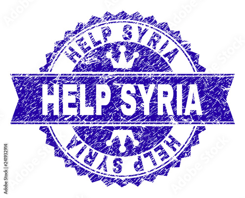 HELP SYRIA rosette seal overlay with distress style. Designed with round rosette, ribbon and small crowns. Blue vector rubber print of HELP SYRIA caption with corroded style.