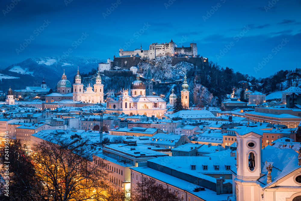 Historic city of Salzburg during winter twilight, Austria