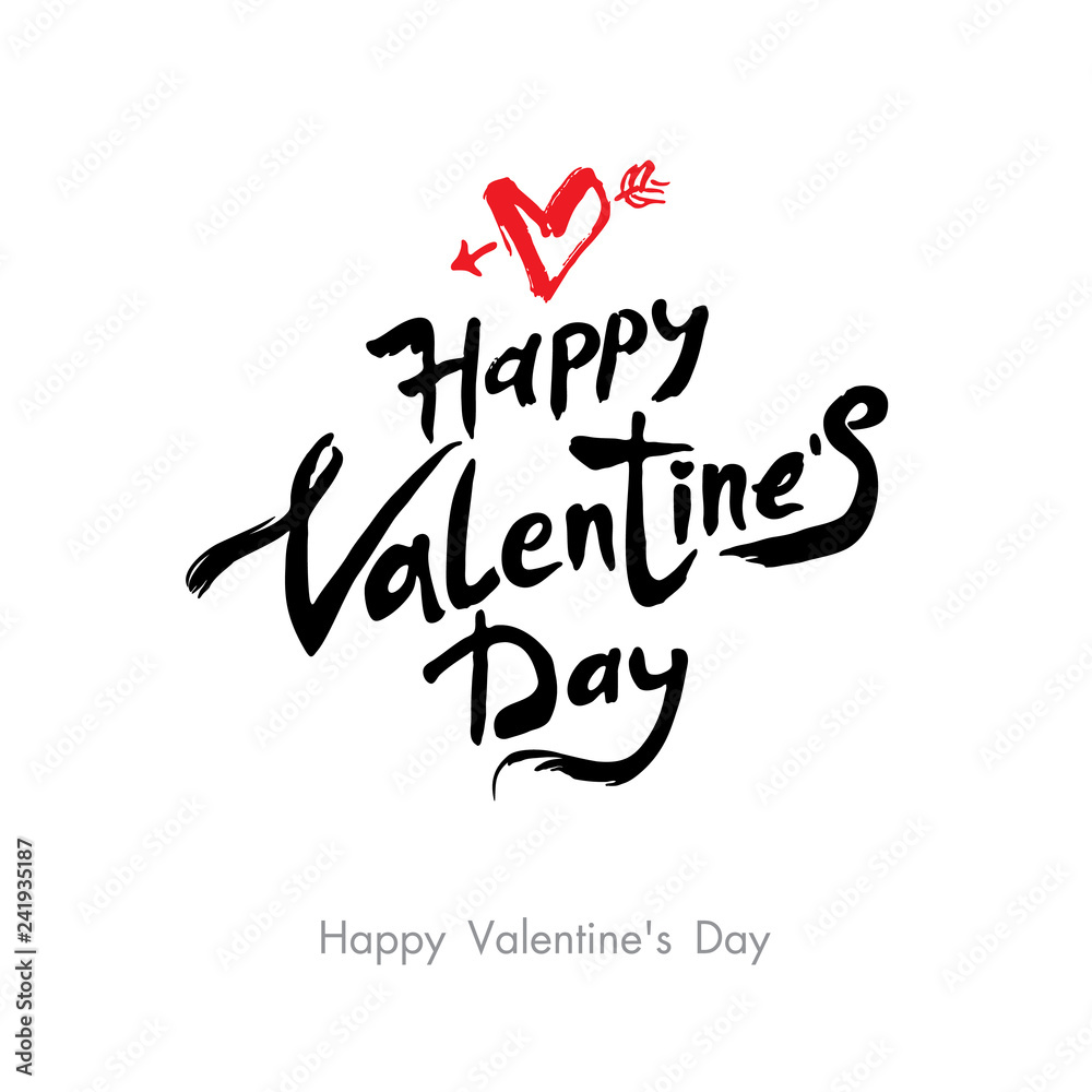 Happy Valentine's Day modern calligraphy. Handwritten lettering. Black calligraphic text with red heart pierced by arrow isolated on white background. Valentines day holidays typography. Happy Valentine's Day modern calligraphy. Handwritten lettering. Black calligraphic text with red heart pierced by arrow isolated on white background. Valentines day holidays typography.