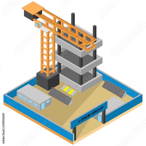 isometric illustration of building making process using crane heavy equipment  vector illustration