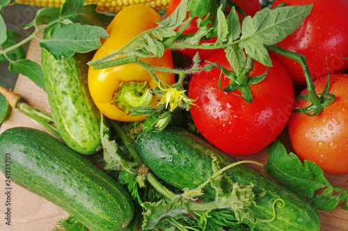 Tomatoes and cucumbers on the kitchen board. Close-up