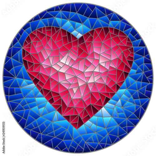 Illustration in stained glass style with abstract red  heart on blue background, round image