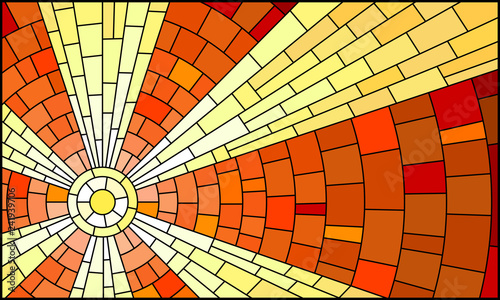 Illustration in stained glass style with abstract celestial landscape, sun with rays against the sky